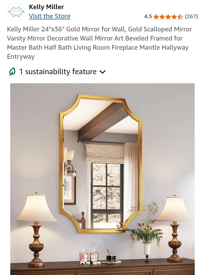 Kelly Miller 24"x36" Gold Mirror for Wall, Gold Scalloped Mirror Vanity Mirror Decorative Wall Mirror Art Beveled Framed for Master Bath Half Bath Liv
