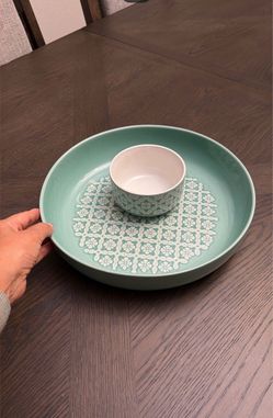 Teal Ceramic Chip and Dip Serving Set
