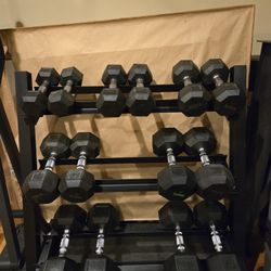 Used 10lb Thru 40lb Rubber Hex Dumbbell Set With Rack 