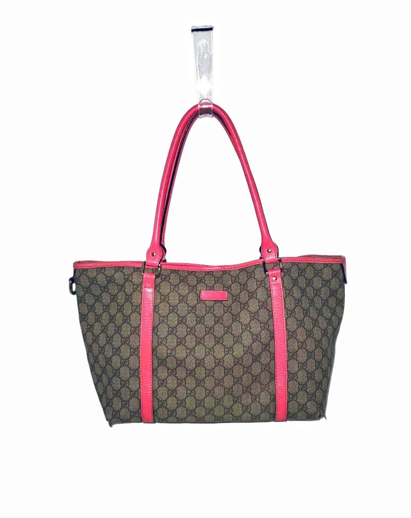 GUCCI GG Canvas Tote Bag Pink Leather Trim Shoulder Bag ✨Authentic Classic
