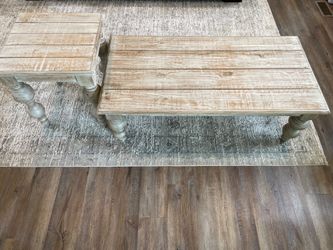 Farmhouse Coffee & Side Table Set / White Washed Wood
