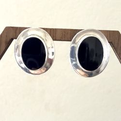 Vintage Sterling Silver Black Onyx Oval Statement Earrings 925 Mexico