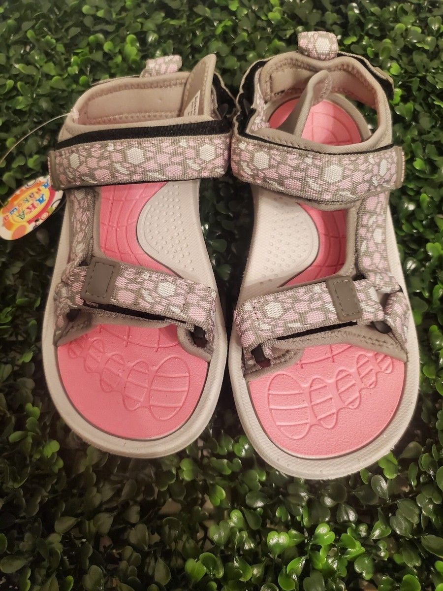 Girls Hook & Loop Open Toe Sandals Shoes Flats Hiking Pink/Grey Size US 3.5 Kids Children's