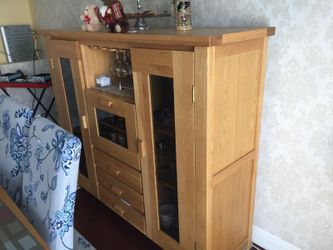 Solid great oak wood dining set (large wooden Rectangular table with glass top, Small oval table with glass top, 6 Chairs, Large wooden Chest)