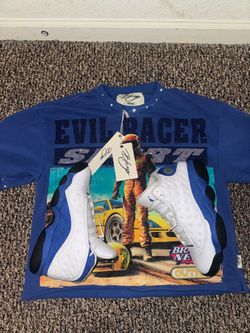 Evil Racer Graphic T-Shirt Medium Blue with Jordan 13s size 8.5