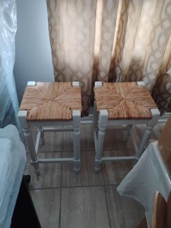 2 Matching Wood & Rattan Square Stool Chairs ( NW 89128)