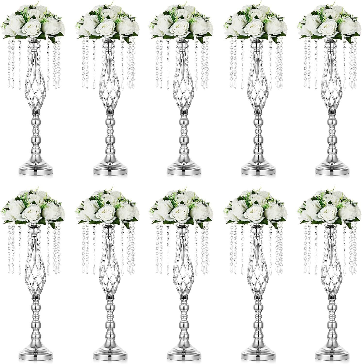 10 Pcs Silver Crystal Flower Stand Wedding Centerpiece Vases (19.3 Inches Tall)