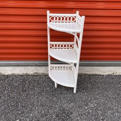 vintage white wicker rattan bamboo 3 tier corner shelf