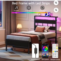 Twin Size Bed Frame with Storage Headboard and LED Light + Foam Mattress 