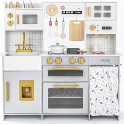 Labebe Wooden Kids Play Kitchen, Toy Kitchen Set with Plenty of Play Features & Cookware, Toddler Kitchen Playset Designed in Trendy Home Style for Bo