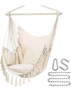 Beige Hammock Chair Hanging Rope Swing, Max 500 Lbs, 2 Cushions Included, Large Macrame Hanging Chair with Pocket for Superior Comfort, with Hardware 