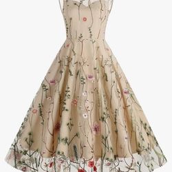Women Keyhole Floral Embroidery Dress Sheer Mesh