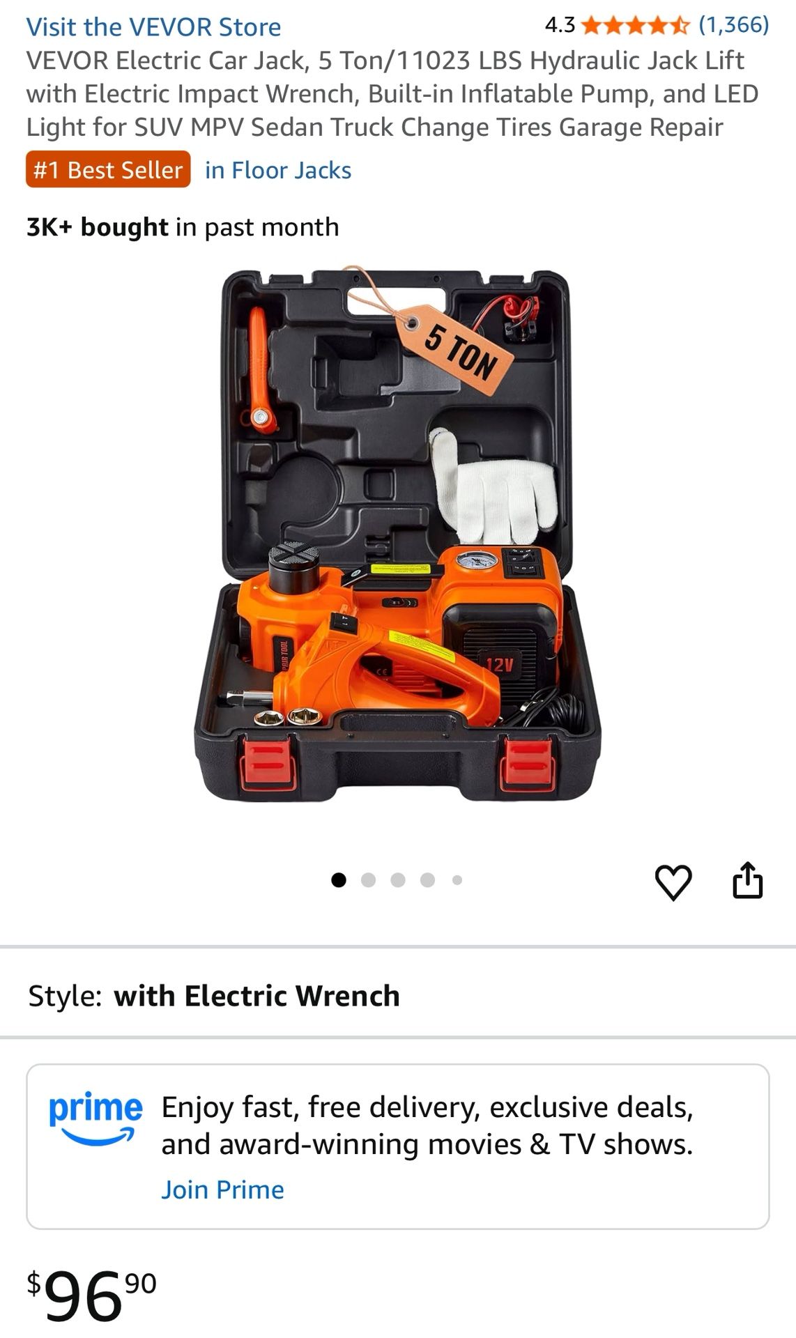 VEVOR Electric Car Jack, 5 Ton/11023 LBS Hydraulic Jack Lift with Electric Impact Wrench, Built-in Inflatable Pump, and LED Light for SUV MPV Sedan Tr