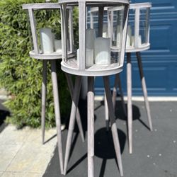 Set of 4 Modern Wood & Glass LED Floor Lanterns – 36” Tall