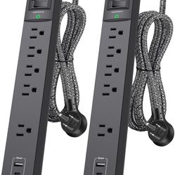 2 Pack Power Strip Surge Protector - 5 Widely Spaced Outlets 3 USB Charging Ports, 1875W/15A 6Ft Braided Extension Cord, Flat Plug Overload Protection