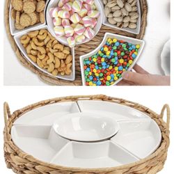 Ceramic Divided Serving Dishes, Porcelain Relish Tray, Party Appetizer Platter, 6 Removable Snack Bowls with Cattail Basket for Chips and Dips, Candy,