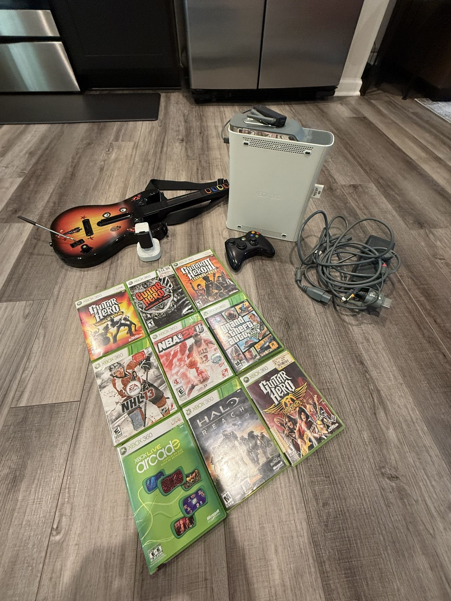 Xbox 360 Console With Controller, Guitar And Game Collection