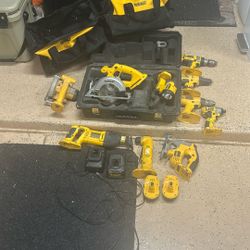 10 Tool DeWalt Tool With Batteries, Chargers And Cases.