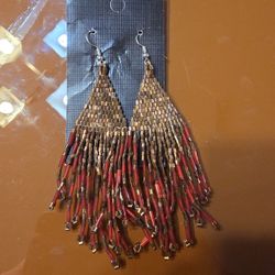 Boho Beaded Dangle Earrings Red Bronze NEW