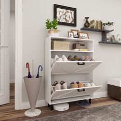 Farmhouse Shoe Storage Cabinet with Barn Door Design, Shoe Organizer with 2 Flip Drawers, Freestanding Narrow Shoe Rack Cabinet with Open Storage for 