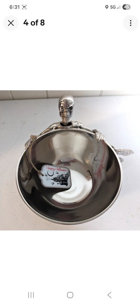 Halloween Skeleton Candy Bowl Metal Silver-tone Made in India New W/ Tag. Chandler