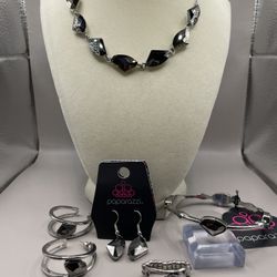 Paparazzi Black Gemstone Necklace, Dangle And Hoop Earrings, Bracelet, And Ring