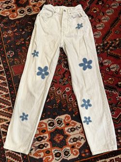 Pacsun Jeans Womens 24 White Denim Dad Flower Embroidered Button Fly 