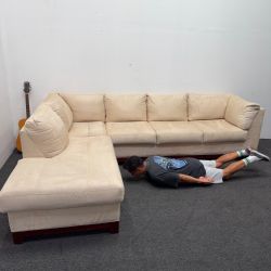 Cream Sectional Couch with Solid Wood Base - Can Deliver