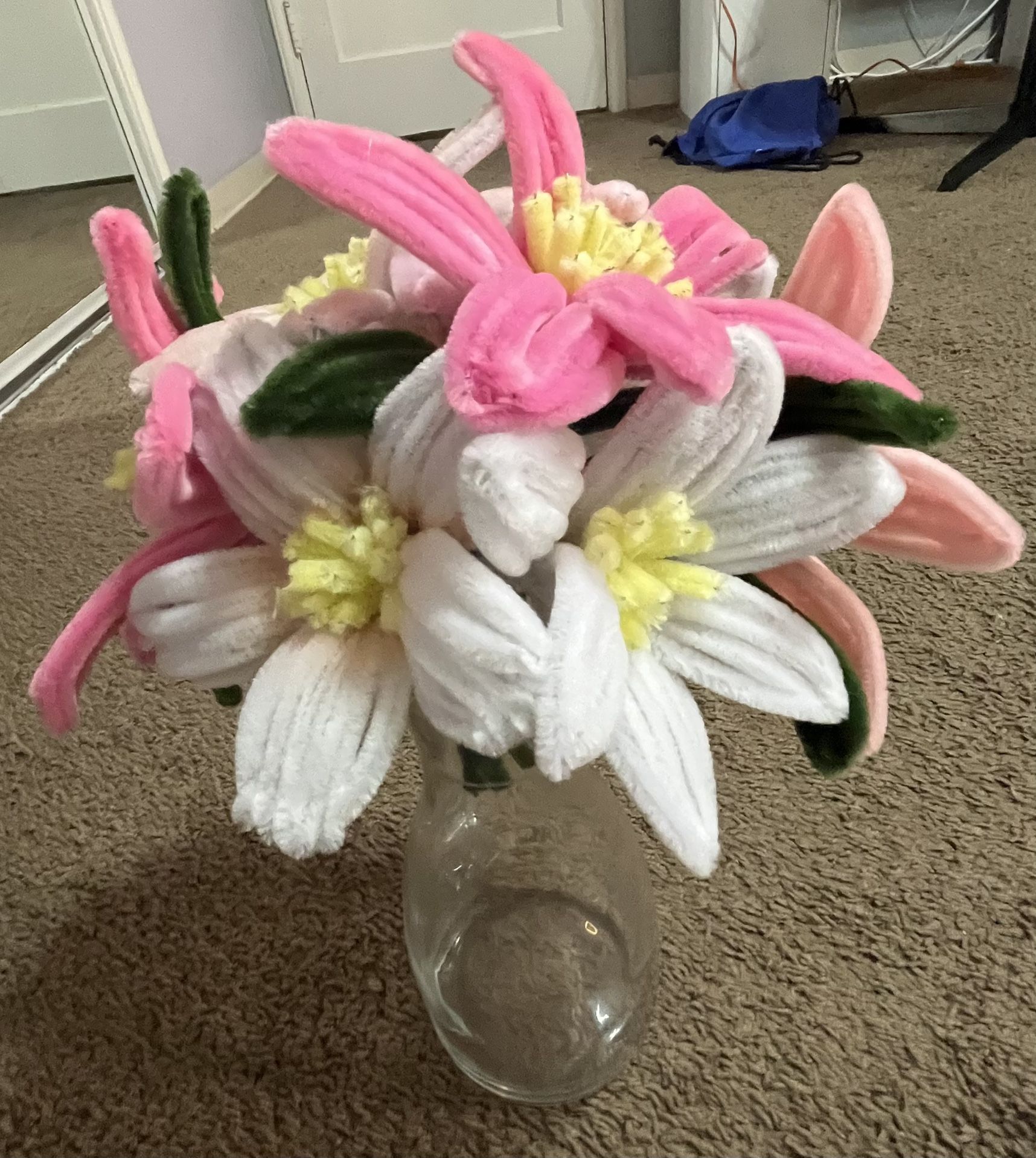 Original, Hand Made, Pink And White, Pipe Cleaner, Flower Bouquet
