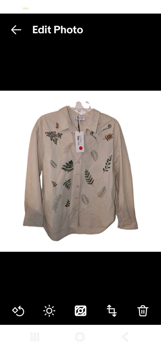 New Barbara Katz Top Size Medium Button Down Shirt White Floral Long Sleeve