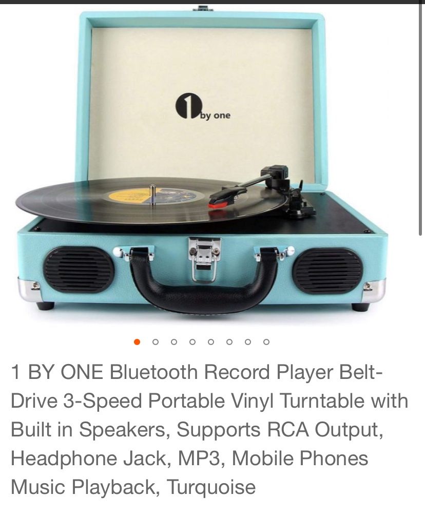 1 BY ONE Bluetooth Record Player Belt-Drive 3-Speed Portable Vinyl Turntable with Built in Speakers, Supports RCA Output, Headphone Jack, MP3, Mobile