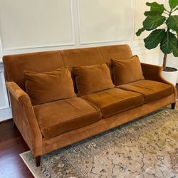 Vintage Mitchell & Gold Burnt Orange Caramel Velvet 3-Seat Sofa