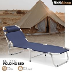MoNiBloom Portable Folding Bed Reclining Camping Cot, Lightweight Sleeping Bed with Pillow and Carrying Bag for Outdoor Travel, Navy Blue
