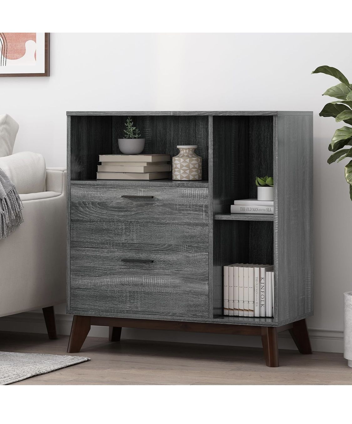 Modern Storage Cabinet with Two Drawers and Open Shelves, Wood Grain Finish