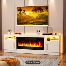 70" Large Wooden TV Stand with 36" Electric Fireplace - Media Console with High Gloss Storage Cabinet, 16 Colors LED Lights, and Spacious Shelving for