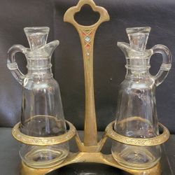 Vintage Mid Century Modern Israeli Brass Enamel & Glass 3-Piece Cruet Serving Set

