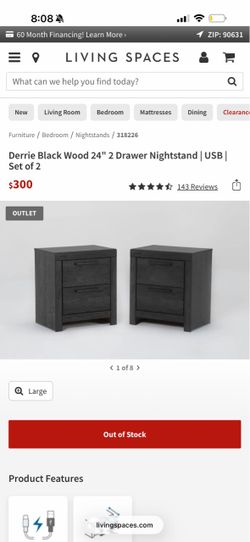Derrie Black Wood 2 Drawer Nightstand Set of 2