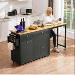 Kitchen Island with Extendable Dining Table, 81.7" Mobile Islands,  Cart with Trash Cabinet, B-4