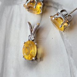 Vtg Yellow Topaz Sterling Silver Pendant & Earring Set Estate