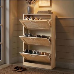 Entryway Natural Rattan Shoe Storage Cabinet
