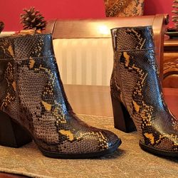 Franco Sarto Brown Snakeskin Block Heel Boots Size 8