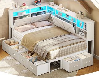 White Twin Corner Day Bed With Bookcase Headboard & 6 Drawers