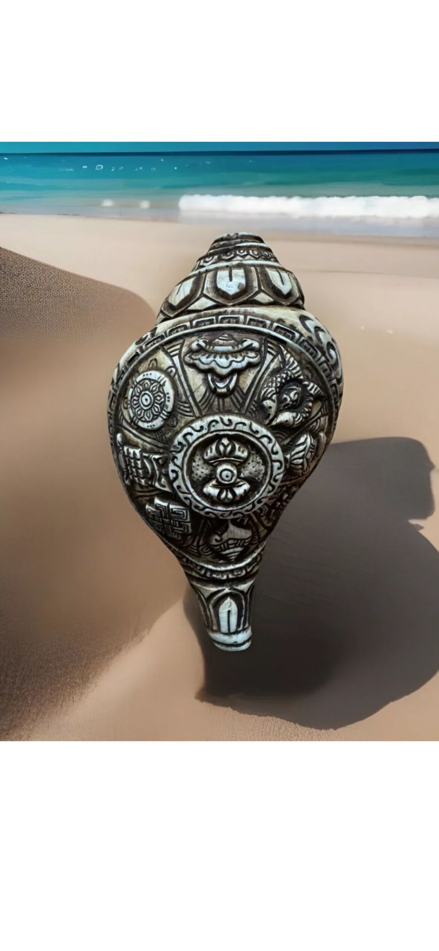 Vintage & Hand Carved With Auspicious Symbol Tibetan Conch,Blow Horn,Trumpet For Positive Energy 7βin & 1.8lbs