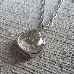 Silver Tone Teardrop Faux Druzy Pendant Necklace Long Chain