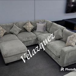 ✅️✅️ 4pc  for grey corduroy fabric upholstered sectional sofa with ottoman ✅️✅️