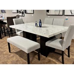 6- Pieces White & Black Table Top Marble Dining Set