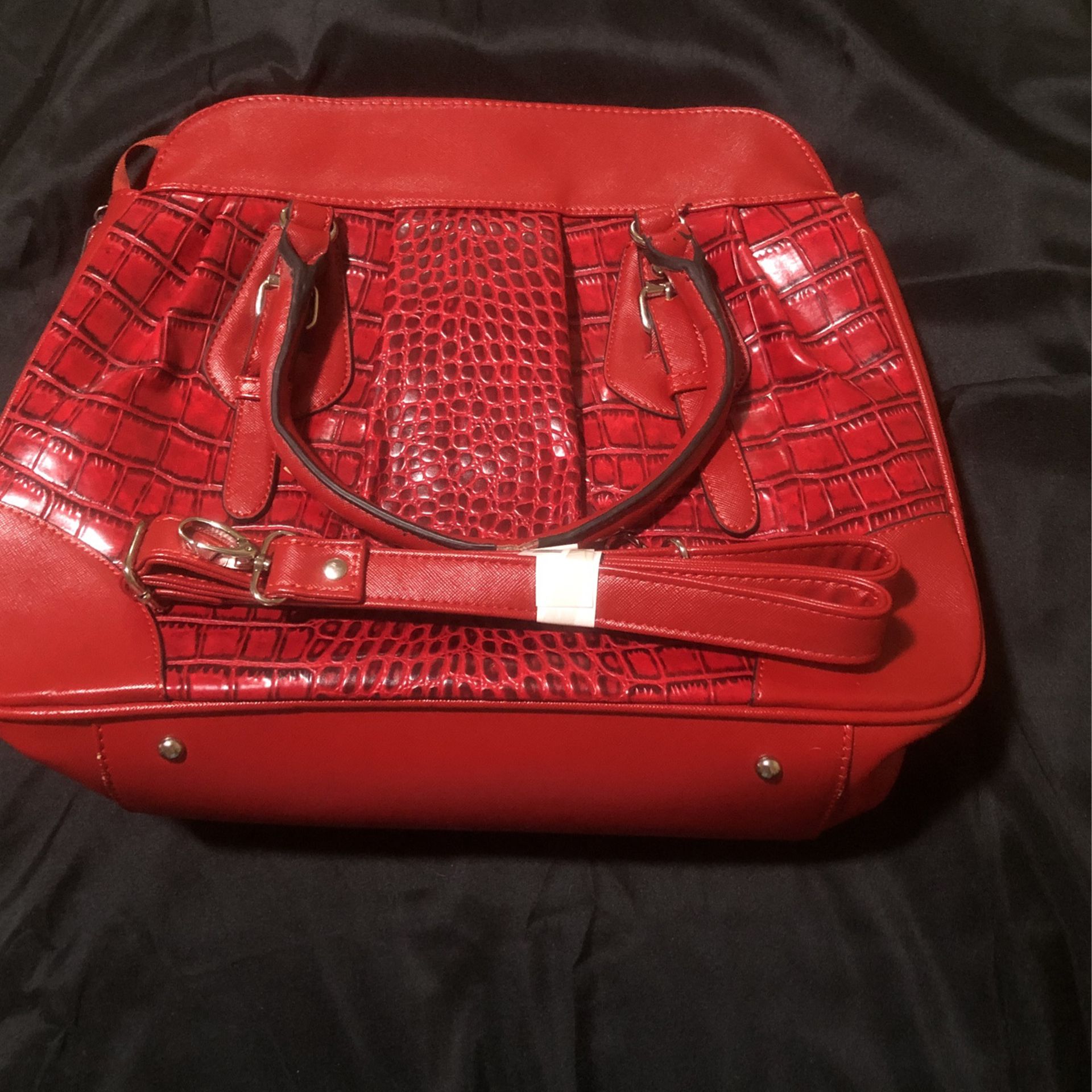 Red Studded Handbag With Prints And Strap 