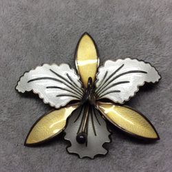 Rare Vintage Norway Aksel Holmsen Sterling Silver Enamel Orchid Pin