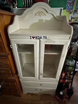 Vintage White Wood Display Cabinet with Glass Doors