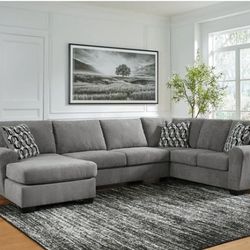 3pc Gray Sectional left facing chaise top stitching accent pillows included 138x90 